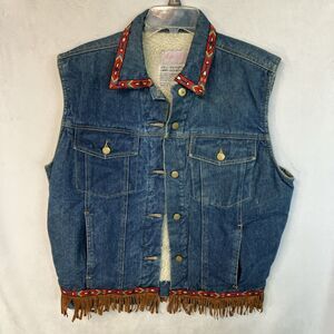 Vintage Daniel Men's Denim Vest, Wool-like Lining, Leather Fringe, Size M